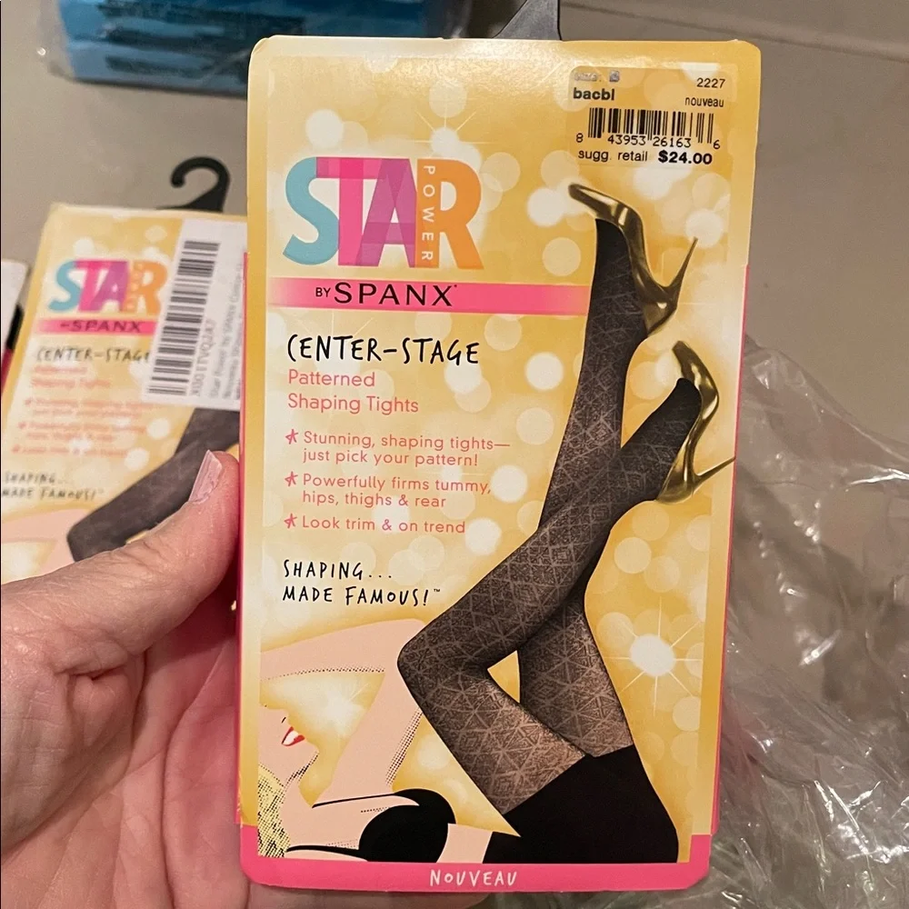 2 pair Sz B Spanx Star Power Center Stage Noveau Patterned Shaping Tights Black